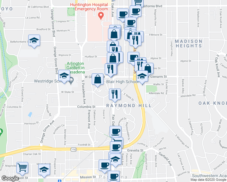 map of restaurants, bars, coffee shops, grocery stores, and more near S Fair Oaks Ave & Grace Terrace in Pasadena