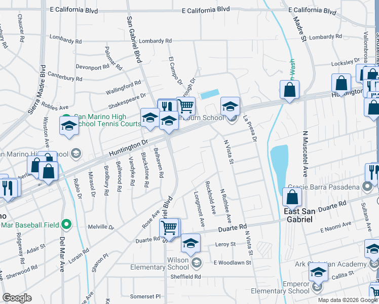 map of restaurants, bars, coffee shops, grocery stores, and more near 3100 Huntington Drive in San Marino
