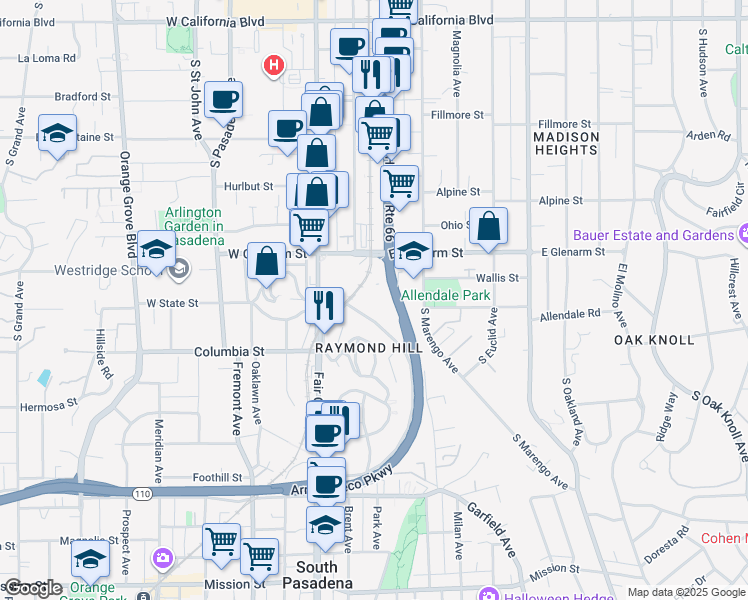 map of restaurants, bars, coffee shops, grocery stores, and more near 85 East State Street in Pasadena