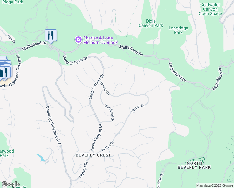 map of restaurants, bars, coffee shops, grocery stores, and more near 3112 Hutton Drive in Beverly Hills