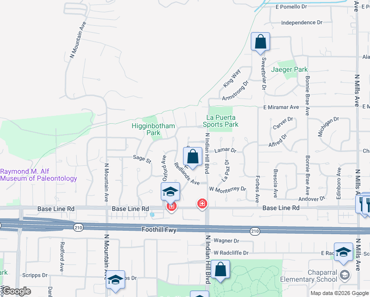 map of restaurants, bars, coffee shops, grocery stores, and more near 2348 Tulsa Avenue in Claremont