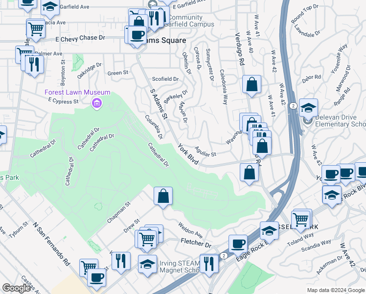 map of restaurants, bars, coffee shops, grocery stores, and more near 3707 Aguilar Street in Los Angeles