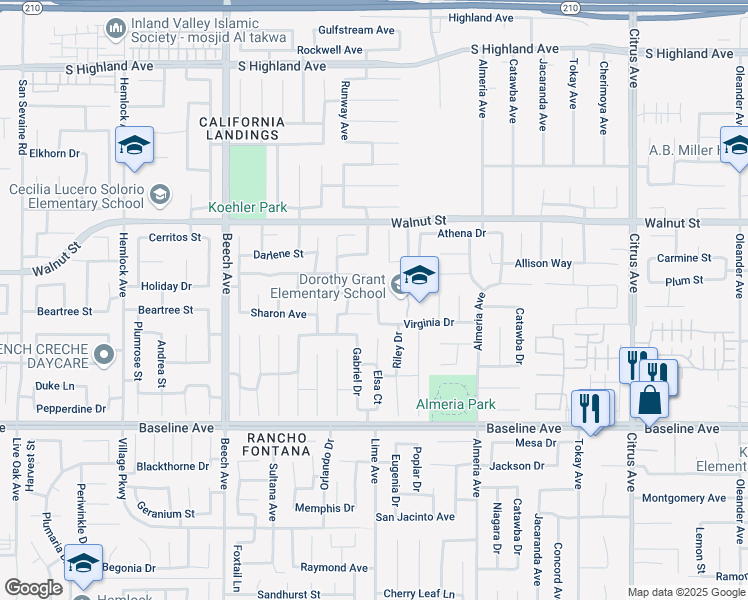 map of restaurants, bars, coffee shops, grocery stores, and more near 15593 Faith Street in Fontana