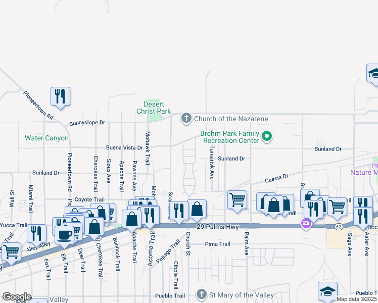 map of restaurants, bars, coffee shops, grocery stores, and more near 56254 29 Palms Highway in Yucca Valley