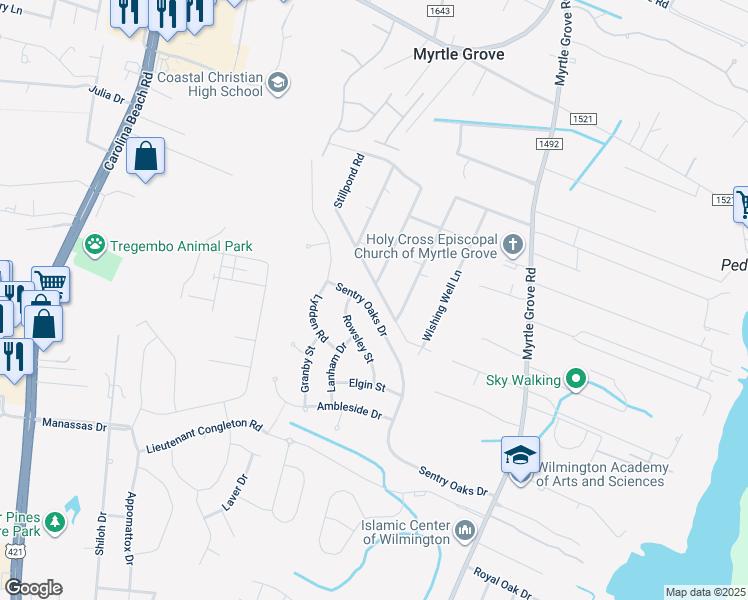 map of restaurants, bars, coffee shops, grocery stores, and more near 6213 Sentry Oaks Drive in Wilmington