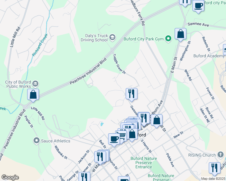map of restaurants, bars, coffee shops, grocery stores, and more near 507 Gwinnett Street in Buford