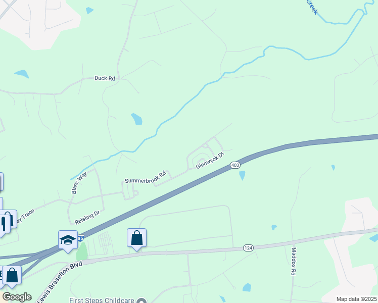 map of restaurants, bars, coffee shops, grocery stores, and more near 711 Walnut Woods Drive in Braselton