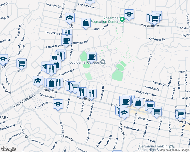 map of restaurants, bars, coffee shops, grocery stores, and more near 1600 Campus Road in Los Angeles