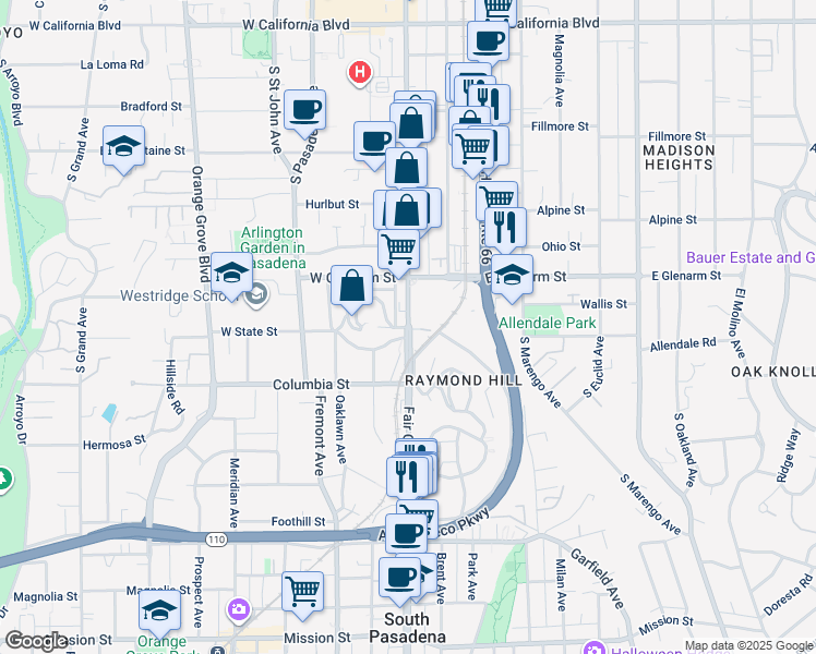 map of restaurants, bars, coffee shops, grocery stores, and more near 2 Grace Terrace in Pasadena