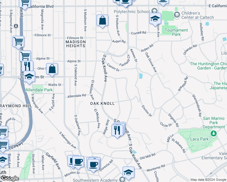 map of restaurants, bars, coffee shops, grocery stores, and more near 1215 Wentworth Avenue in Pasadena