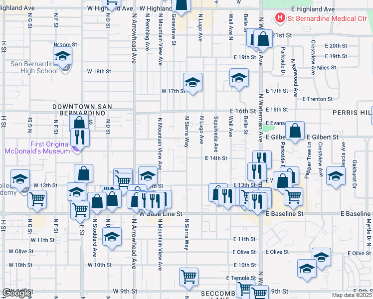 map of restaurants, bars, coffee shops, grocery stores, and more near 1457 North Sierra Way in San Bernardino