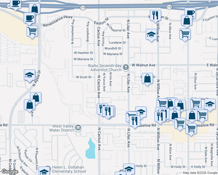 map of restaurants, bars, coffee shops, grocery stores, and more near 1483 North Yucca Avenue in Rialto