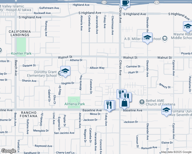 map of restaurants, bars, coffee shops, grocery stores, and more near 15912 Chase Road in Fontana
