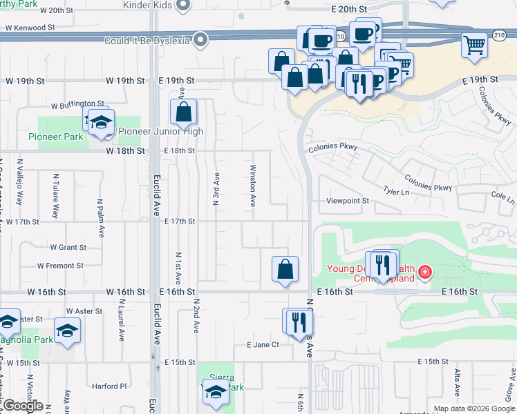 map of restaurants, bars, coffee shops, grocery stores, and more near 1732 Winston Avenue in Upland