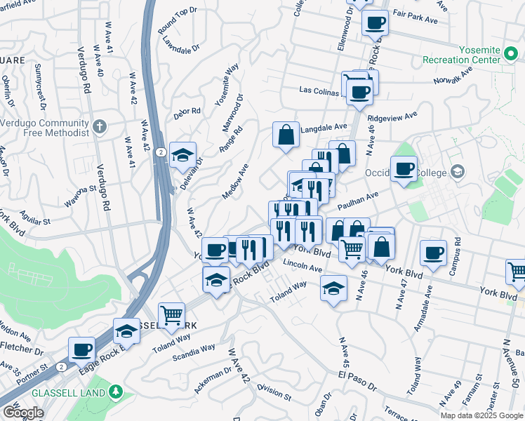 map of restaurants, bars, coffee shops, grocery stores, and more near 1755 College View Place in Los Angeles