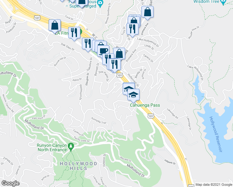 map of restaurants, bars, coffee shops, grocery stores, and more near 3154 Cadet Court in Los Angeles