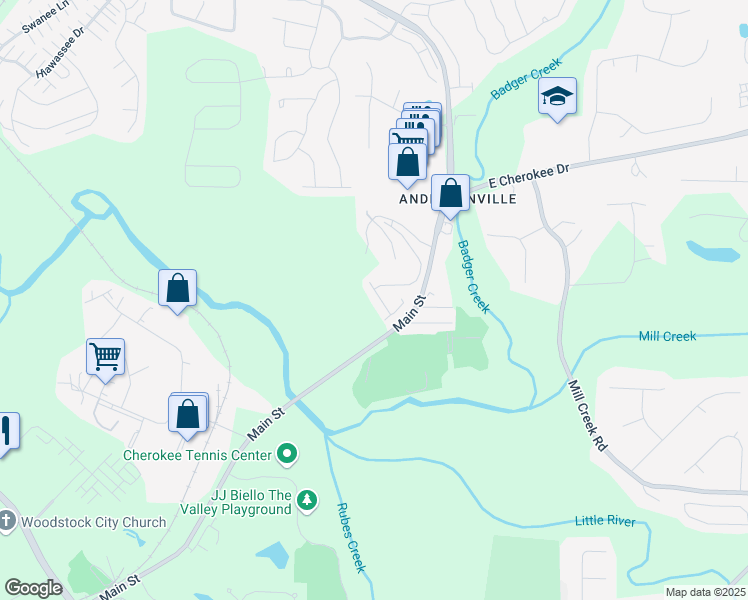 map of restaurants, bars, coffee shops, grocery stores, and more near 218 Jordan Drive in Woodstock