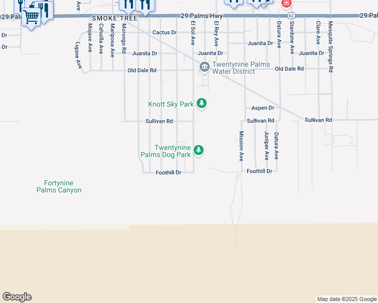 map of restaurants, bars, coffee shops, grocery stores, and more near 7018 El Sol Avenue in Twentynine Palms