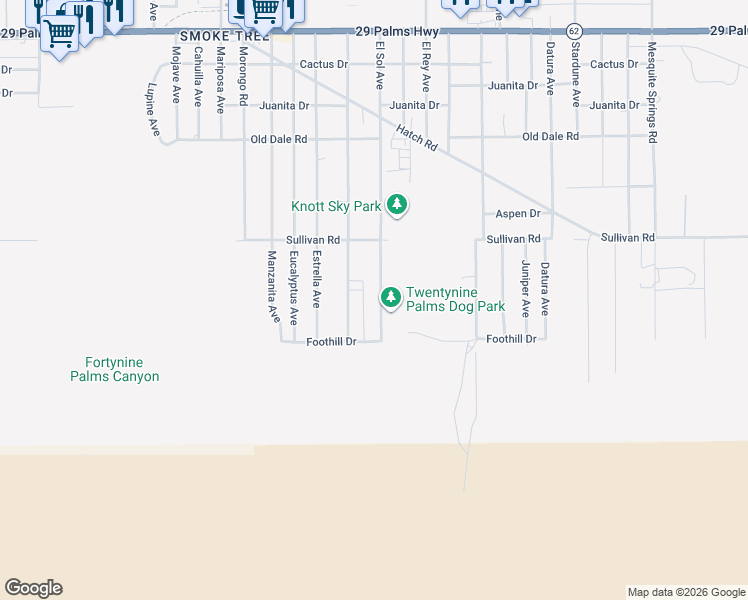 map of restaurants, bars, coffee shops, grocery stores, and more near 7018 El Sol Avenue in Twentynine Palms