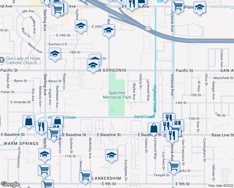 map of restaurants, bars, coffee shops, grocery stores, and more near 1535 Arden Avenue in San Bernardino