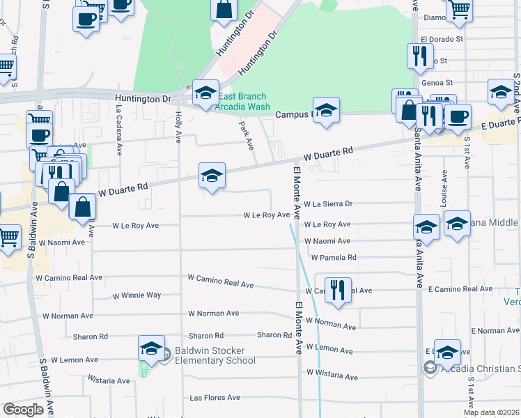 map of restaurants, bars, coffee shops, grocery stores, and more near 251 West Le Roy Avenue in Arcadia