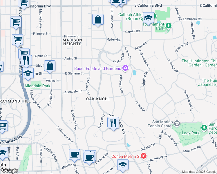 map of restaurants, bars, coffee shops, grocery stores, and more near 1215 Wentworth Avenue in Pasadena