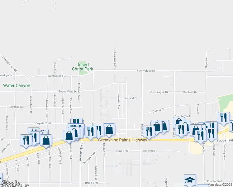 map of restaurants, bars, coffee shops, grocery stores, and more near 7010 Tamarisk Avenue in Yucca Valley