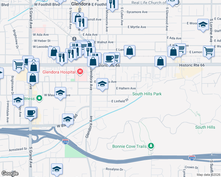 map of restaurants, bars, coffee shops, grocery stores, and more near 728 South Minnesota Avenue in Glendora