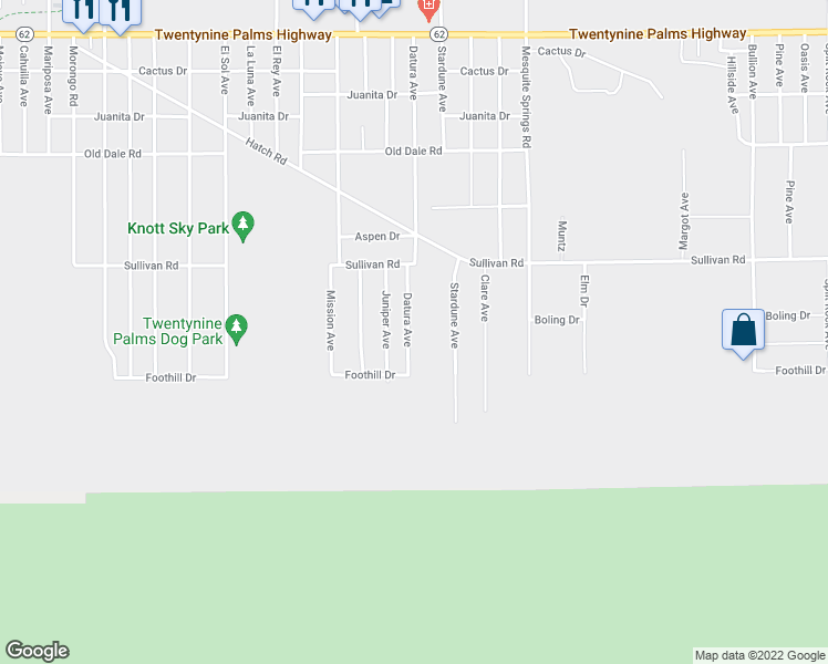 map of restaurants, bars, coffee shops, grocery stores, and more near 7019 Datura Avenue in Twentynine Palms