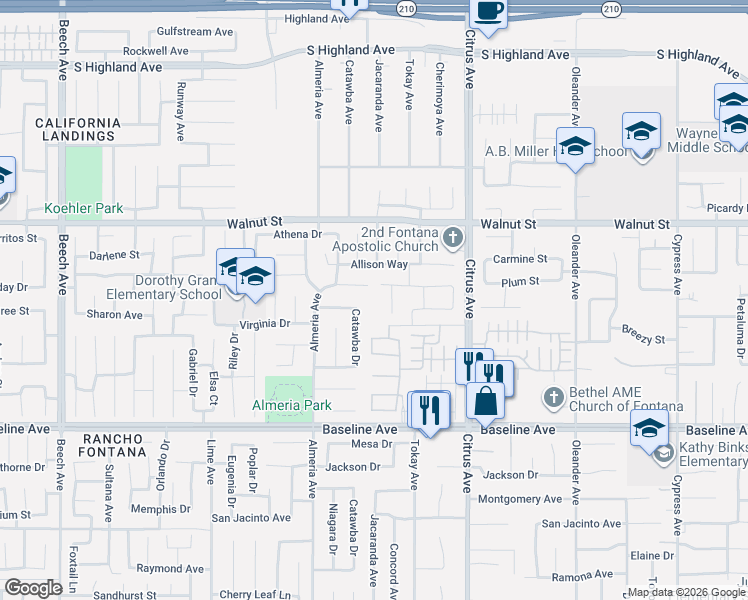 map of restaurants, bars, coffee shops, grocery stores, and more near 15912 Chase Road in Fontana