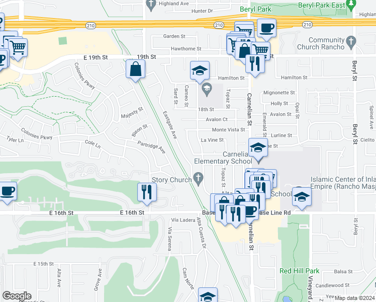map of restaurants, bars, coffee shops, grocery stores, and more near 7072 Cameo Street in Rancho Cucamonga