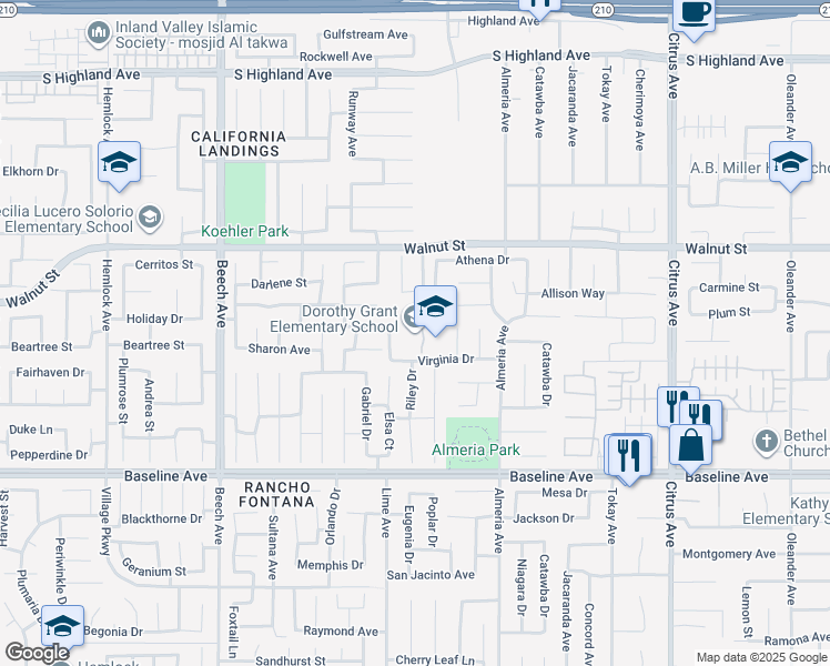 map of restaurants, bars, coffee shops, grocery stores, and more near 7069 Isabel Lane in Fontana