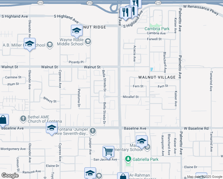 map of restaurants, bars, coffee shops, grocery stores, and more near 7047 Sagebrush Way in Fontana