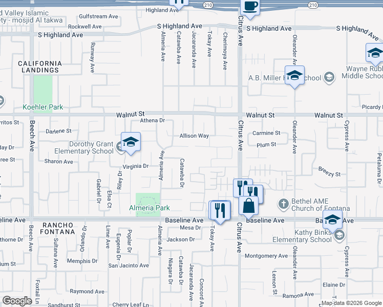 map of restaurants, bars, coffee shops, grocery stores, and more near 15912 Chase Road in Fontana