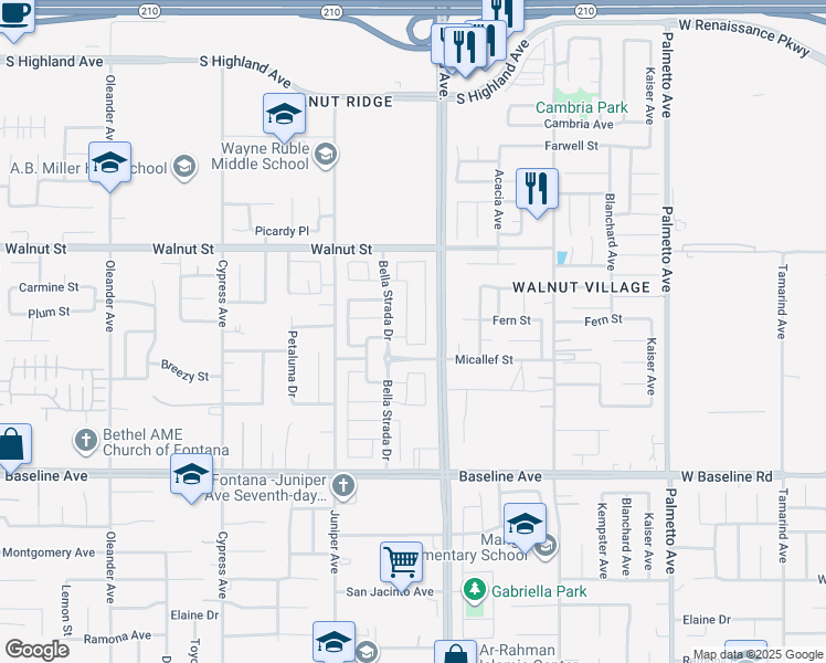 map of restaurants, bars, coffee shops, grocery stores, and more near 7047 Sagebrush Way in Fontana