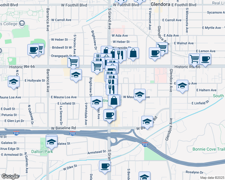 map of restaurants, bars, coffee shops, grocery stores, and more near 520 West Colorado Avenue in Glendora