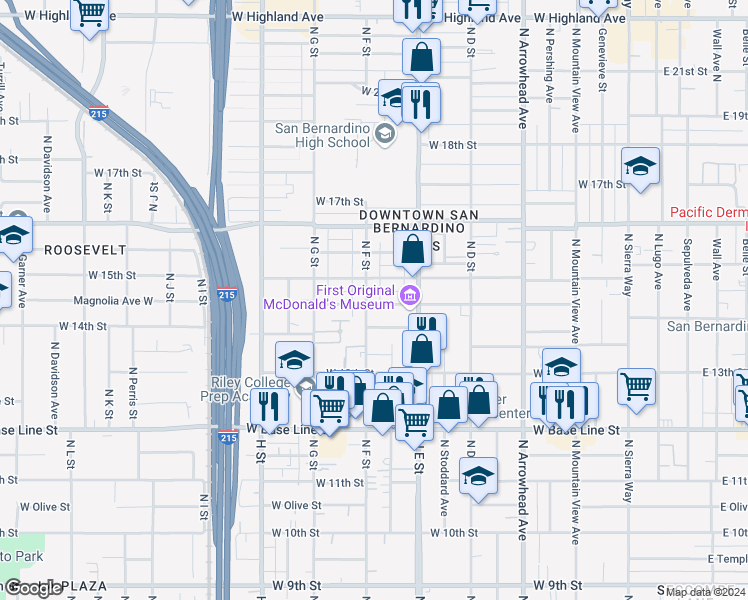 map of restaurants, bars, coffee shops, grocery stores, and more near in San Bernardino