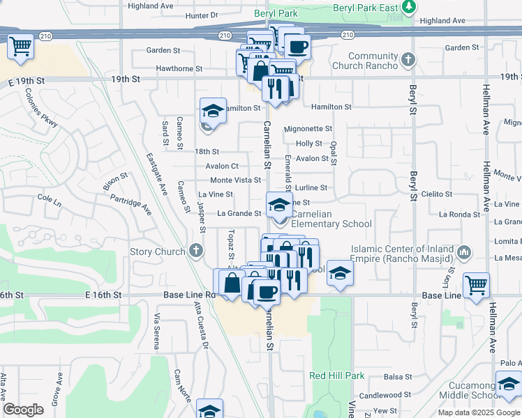 map of restaurants, bars, coffee shops, grocery stores, and more near 8682 La Grande Street in Rancho Cucamonga
