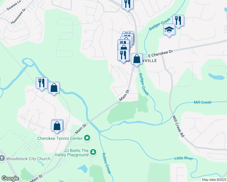 map of restaurants, bars, coffee shops, grocery stores, and more near 218 Jordan Drive in Woodstock