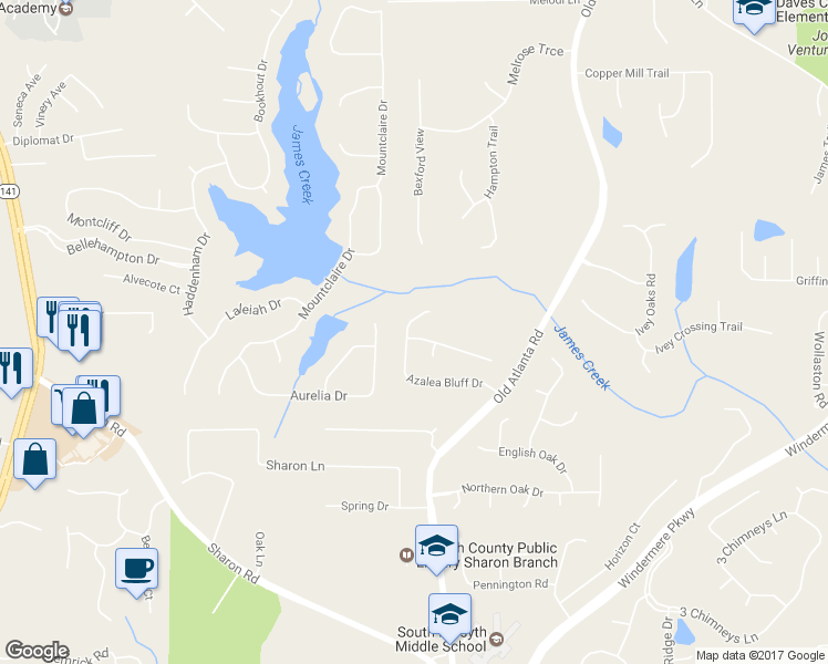 map of restaurants, bars, coffee shops, grocery stores, and more near 2815 Marthasville Trail in Cumming