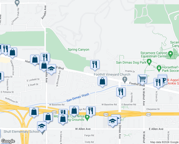 map of restaurants, bars, coffee shops, grocery stores, and more near 2643 East Foothill Boulevard in Glendora