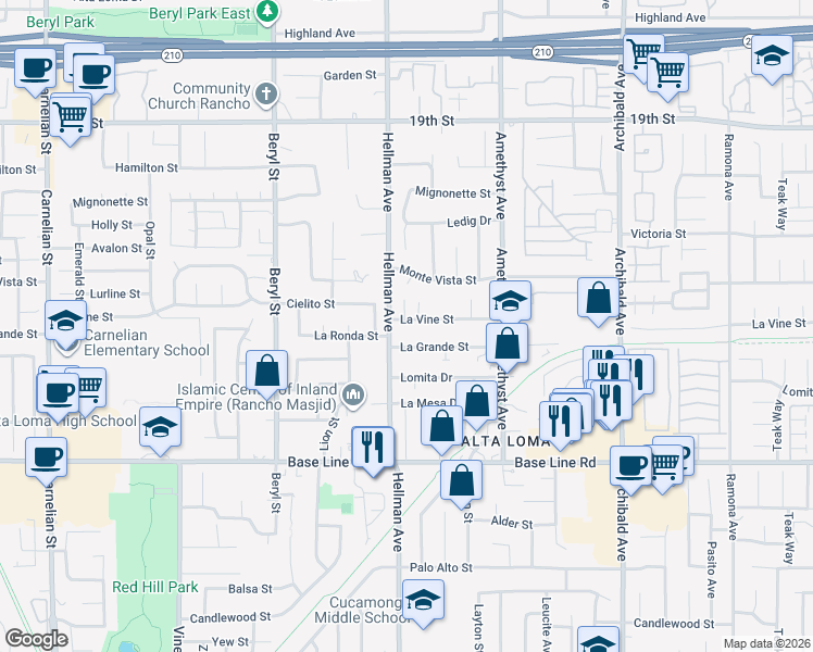 map of restaurants, bars, coffee shops, grocery stores, and more near 9331 La Vine Street in Rancho Cucamonga