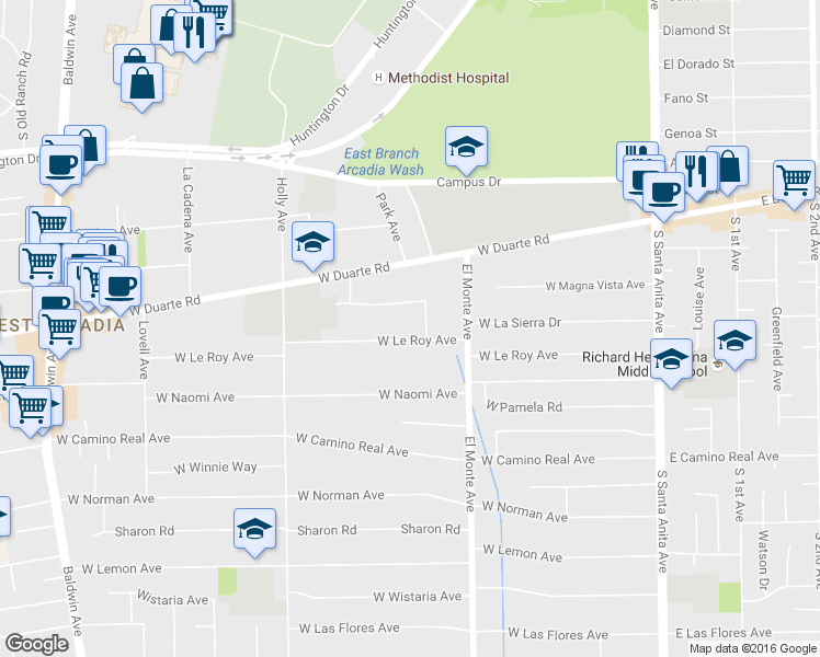 map of restaurants, bars, coffee shops, grocery stores, and more near 251 West Le Roy Avenue in Arcadia
