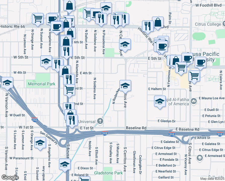 map of restaurants, bars, coffee shops, grocery stores, and more near 274 North Dominguez Place in Azusa