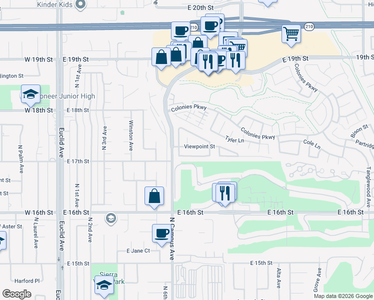 map of restaurants, bars, coffee shops, grocery stores, and more near 796 Viewpoint Street in Upland