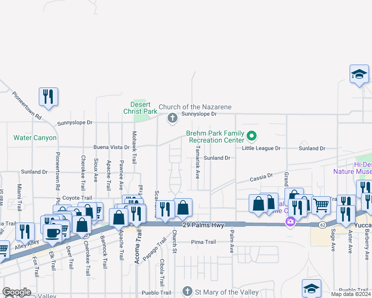 map of restaurants, bars, coffee shops, grocery stores, and more near 56254 Twentynine Palms Highway in Yucca Valley