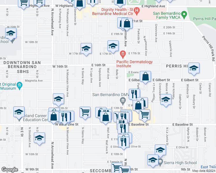 map of restaurants, bars, coffee shops, grocery stores, and more near 1473 Sepulveda Avenue in San Bernardino
