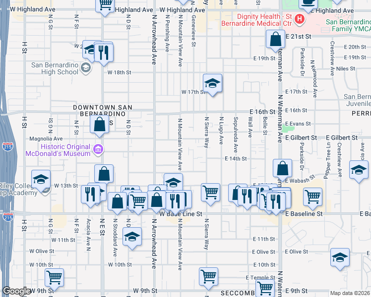 map of restaurants, bars, coffee shops, grocery stores, and more near 163 Magnolia Avenue in San Bernardino