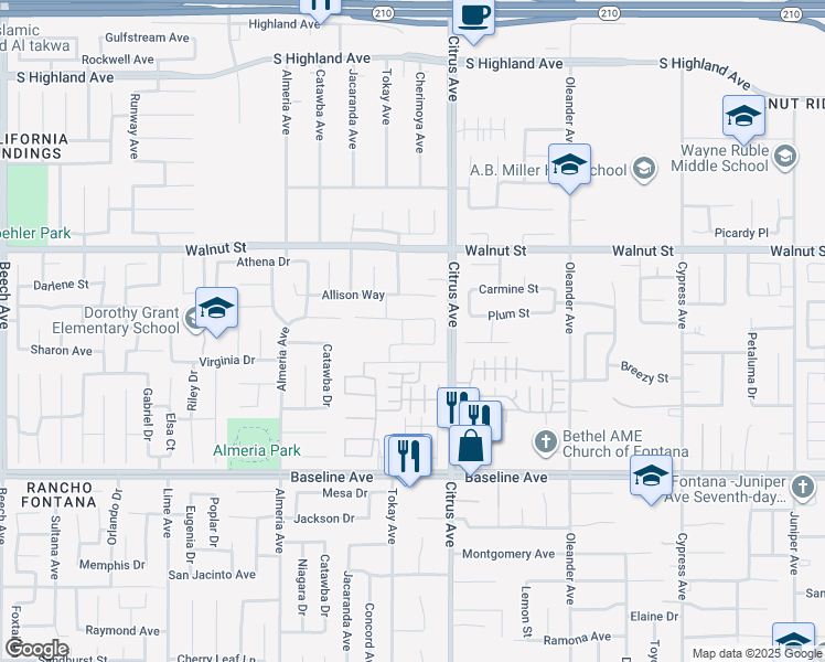 map of restaurants, bars, coffee shops, grocery stores, and more near 16050 Cascade Drive in Fontana