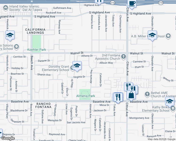 map of restaurants, bars, coffee shops, grocery stores, and more near 7002 Almeria Avenue in Fontana